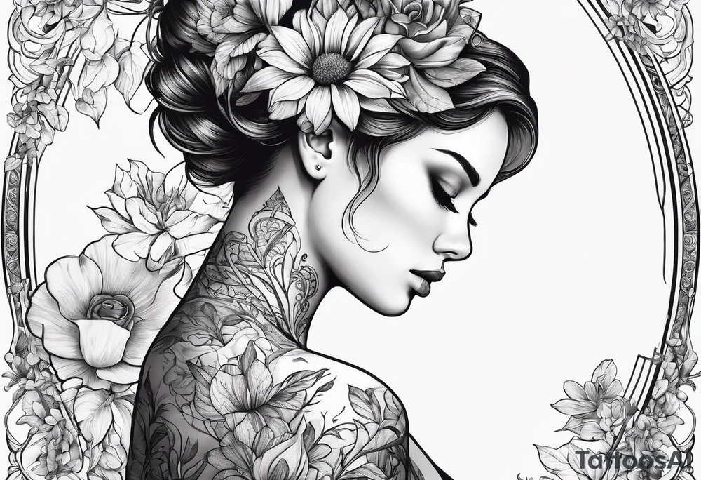 fine line tattoo with woman with flowers growing out of her head tattoo idea