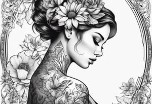 fine line tattoo with woman with flowers growing out of her head tattoo idea