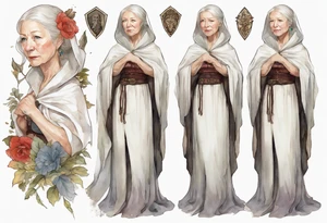 medieval Helen Mirren dressed in white cloak, sad tattoo idea