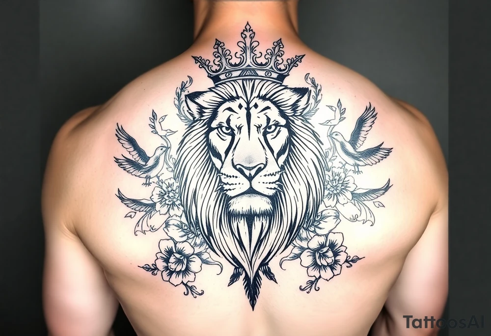 powerful majestic lion with a crown, surrounded by floral ornaments and birds tattoo idea