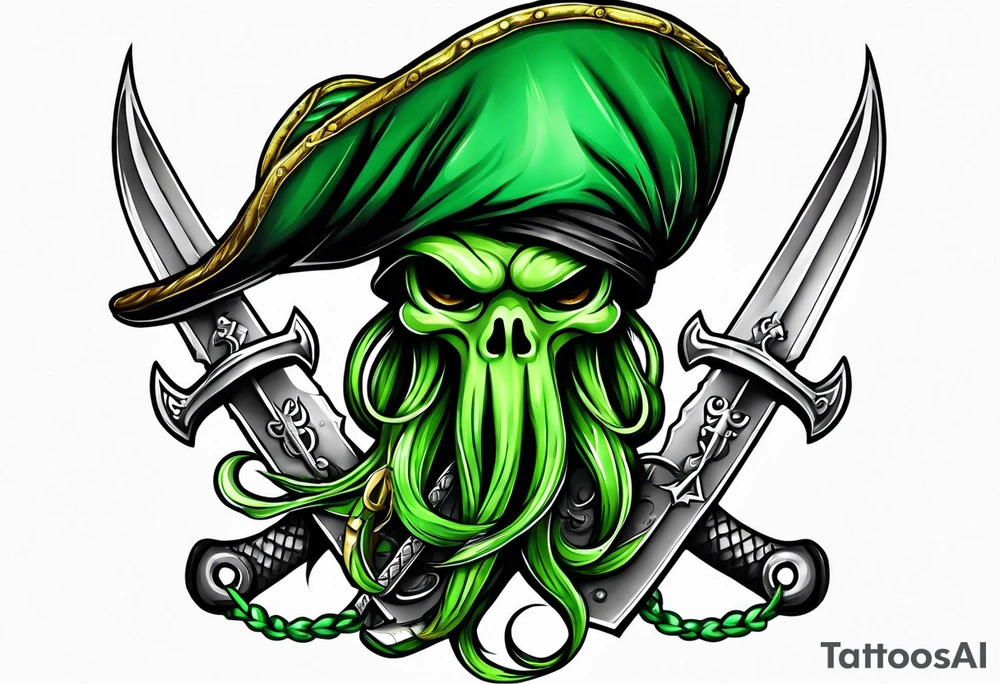 green pirate squid holding sword and anchor tattoo idea