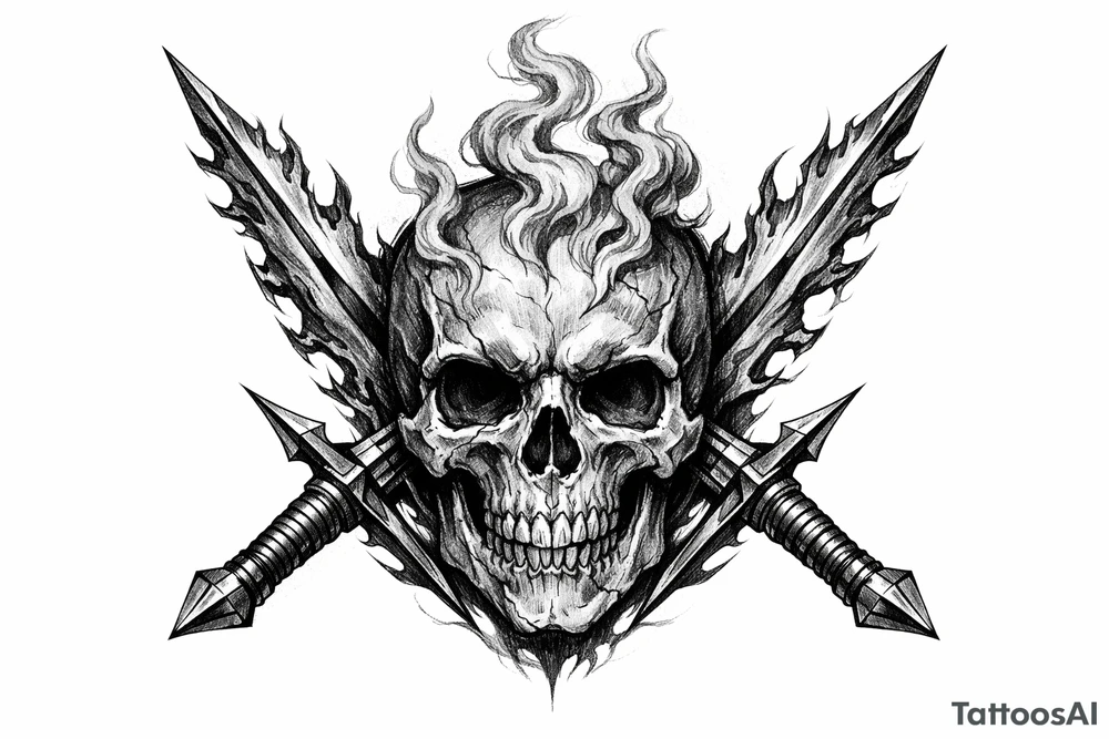 A stylized skull with smoke tendrils rising, framed by fiery sword blades. tattoo idea