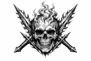 A stylized skull with smoke tendrils rising, framed by fiery sword blades. tattoo idea