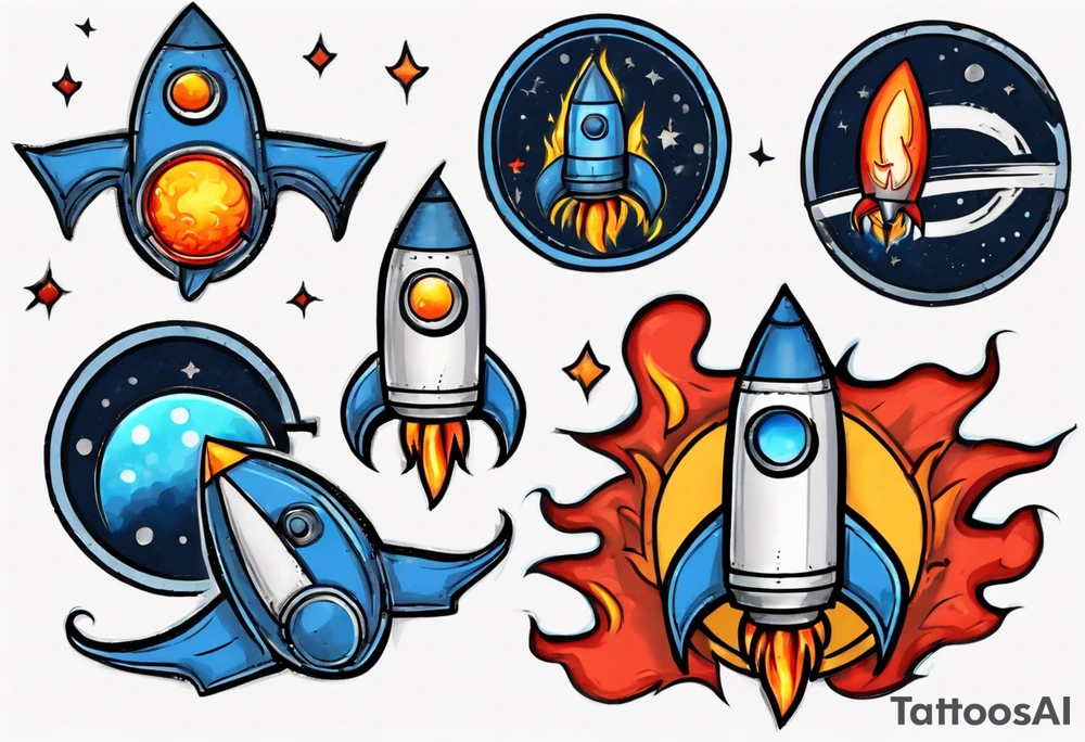 Super simple cartoon rocket ship with a round window, 3 fins, and fire coming out the bottom

Add some shading, color, and detail to make less basic - no blue tattoo idea