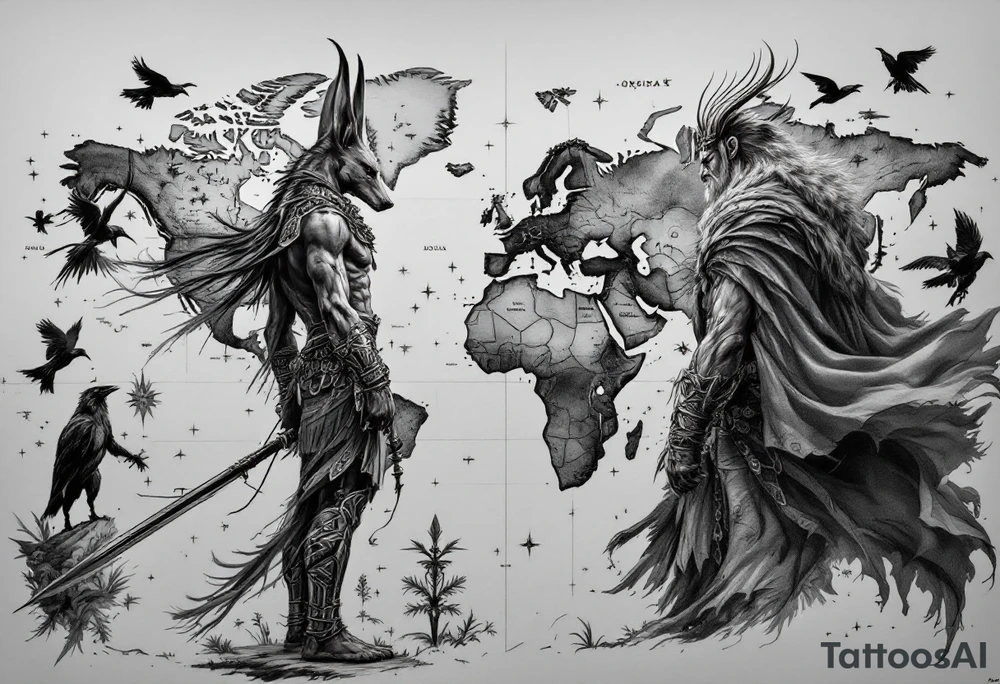 Design a full-back tattoo in a hyper-realistic style. The central background is a detailed geographical map, showcasing continents, oceans, and subtle topographical details, blending seamlessly into the composition. On the left side, Anubis, the ancient Egyptian god of the afterlife, is depicted in striking realism, standing tall with a jackal head, wearing traditional Egyptian armor and holding an ankh and a scepter. On the right side, Odin, the Norse Allfather, is shown in battle, wielding his spear Gungnir, with his ravens, Huginn and Muninn, flying around him. Odin’s intense expression and flowing cloak contrast with Anubis's stoic, watchful presence. The two figures face each other across the map, creating a dynamic tension, as if representing two powerful mythologies guarding the world. The design incorporates fine details and shading to bring depth and texture to the tattoo, emphasizing realism and artistry tattoo idea