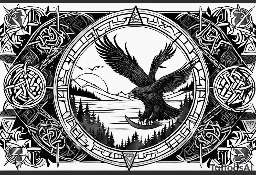 Viking design tattoo to go down the upper arm, so long and thin.
 Vegvisir on top of a raven with its wings outstretched, below it a Viking valknut symbol intertwined beneath it a tree if life design tattoo idea