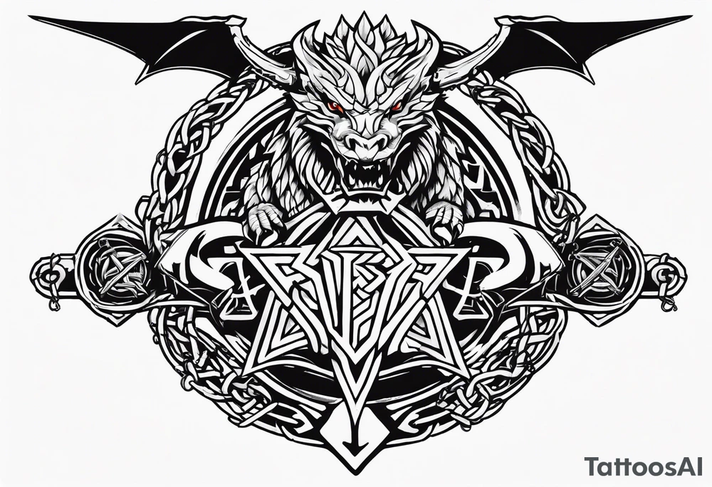 Valhalla sword shield dragon axe Valknut barbed wire chains tattoo idea Valhalla sword shield dragon axe Valknut barbed wire chains tattoo idea
