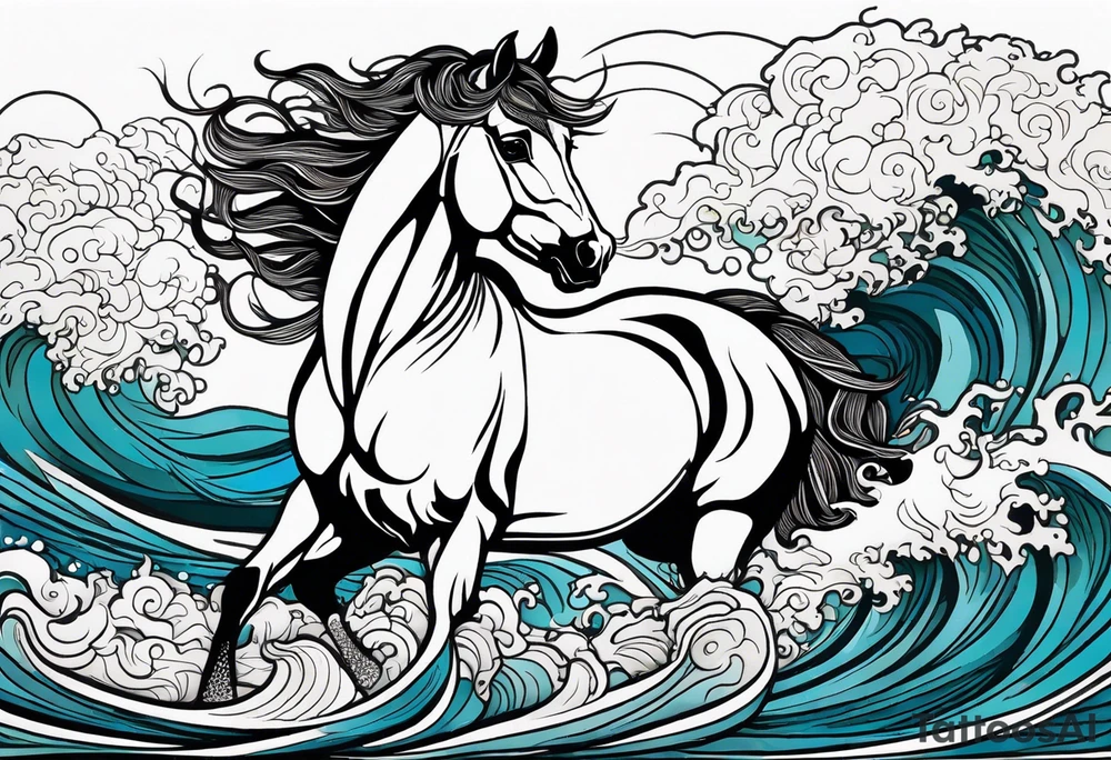 A horse rising from the waves of the sea. Framed in a driftwood and seaweed border. tattoo idea
