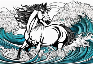 A horse rising from the waves of the sea. Framed in a driftwood and seaweed border. tattoo idea