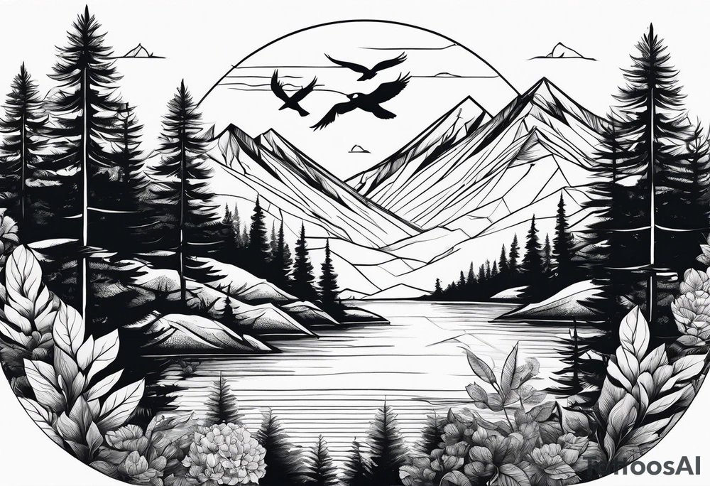 Nature landscape with mountains, birds and forest tattoo idea