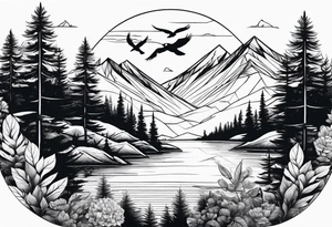 Nature landscape with mountains, birds and forest tattoo idea