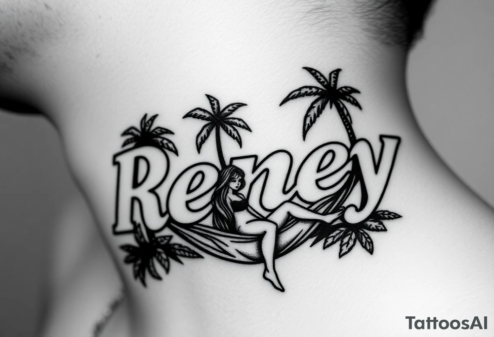 The name reney surrounded by tropical scenery with palm trees and a girl with long hair in a hammock tattoo idea