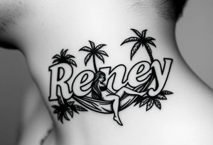 The name reney surrounded by tropical scenery with palm trees and a girl with long hair in a hammock tattoo idea