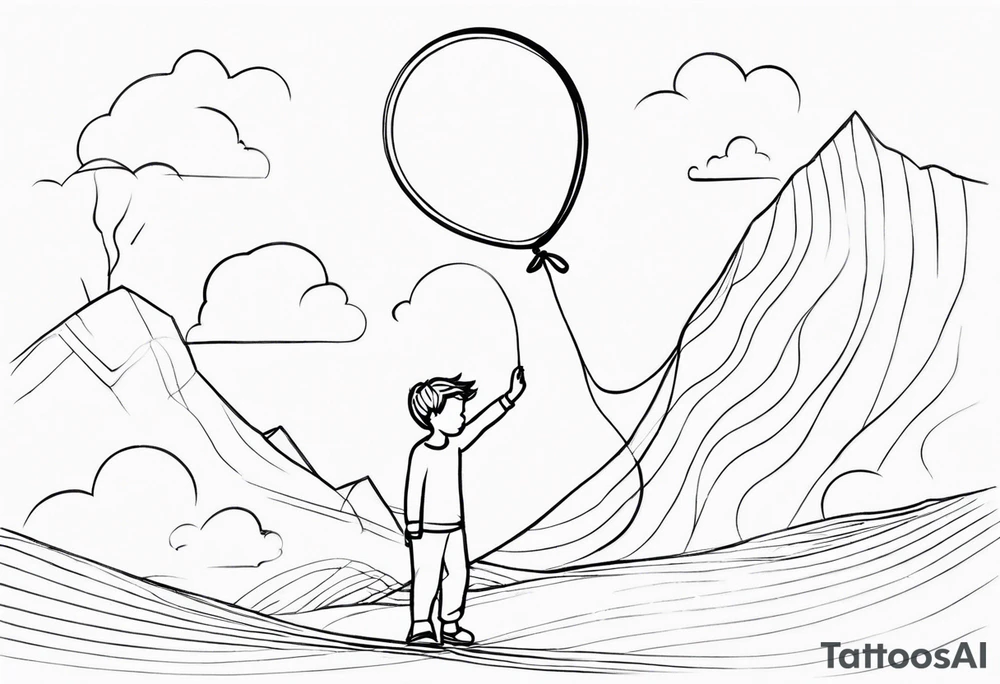 tatoo in sketch style only.
A little boy is holding a string to the hearth shaped small party baloon.
boy should be drawed from behind and has one hand reaching up in 45 degree angle and holding the baloon string
On the string is a wave which look like a hearbeat pulse.
draw it without any scenery, without any background. Just a boy tattoo idea