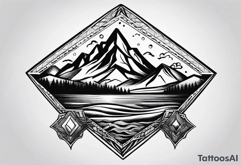 Mountains and ocean waves diamond shape tattoo idea