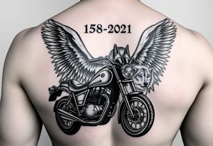the year 1958 - 2021 with a motorcycle on it with guardian angel wolves tattoo idea