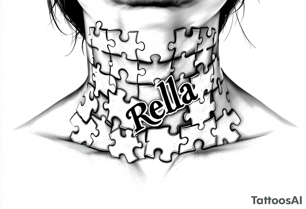 Puzzle piece neck tattoo where one of the pieces says Rella tattoo idea