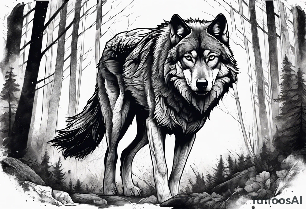 main character is an impressive powerful wolf, a crow talks to the wolf, background a gloomy mysterious forest tattoo idea