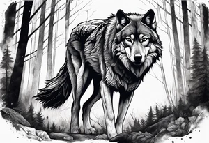 main character is an impressive powerful wolf, a crow talks to the wolf, background a gloomy mysterious forest tattoo idea