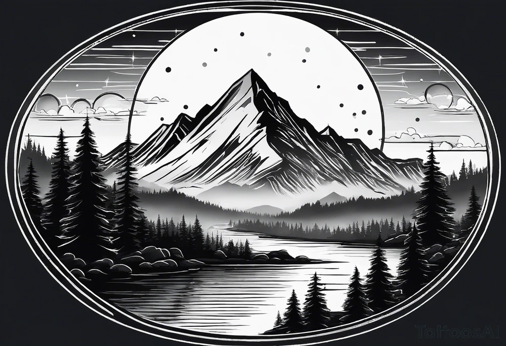 Mountain Skyline with one High Peak. Water in Front. Mountain Peak with circle dotted Line. Two Stars. Mountain and water Run Out flat in the side tattoo idea