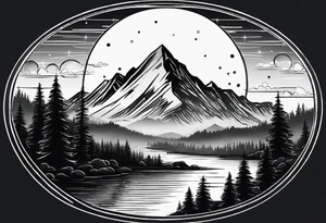 Mountain Skyline with one High Peak. Water in Front. Mountain Peak with circle dotted Line. Two Stars. Mountain and water Run Out flat in the side tattoo idea