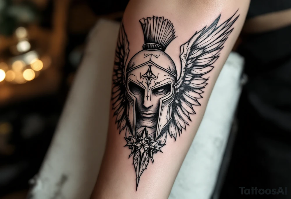 forearm tattoo of a spartan warrior with angel wings tattoo idea