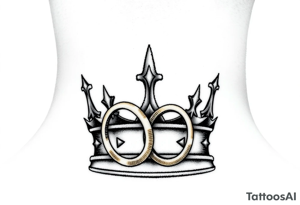 kings and queens crown with two golden wedding rings tattoo idea