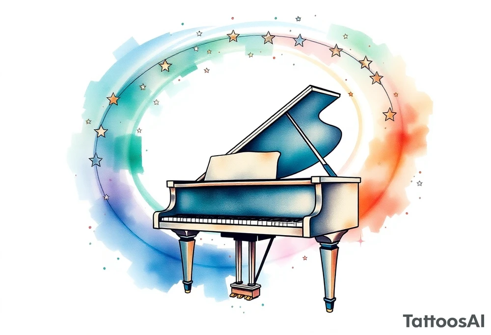 a grand piano under a swirl of stars tattoo idea