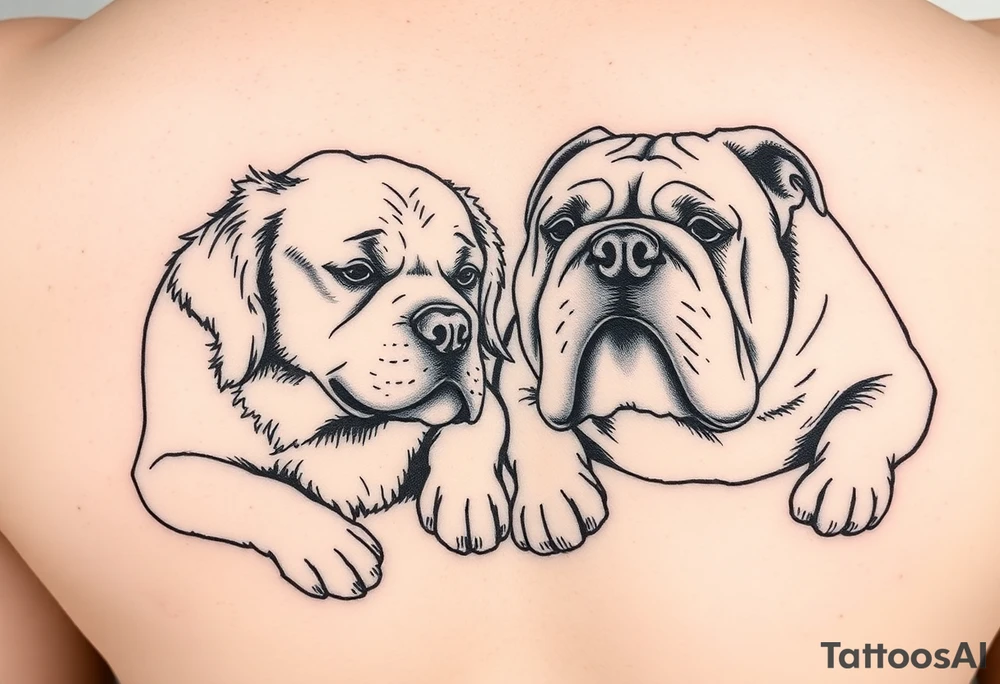 a golden retriever and an english bulldog, lying besides each other, head to head, foreheads touching tattoo idea