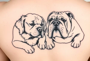 a golden retriever and an english bulldog, lying besides each other, head to head, foreheads touching tattoo idea