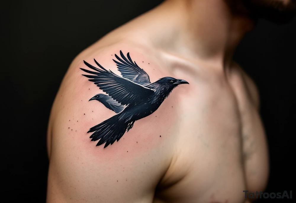 Three Crows in Flight – Trio of crows flying in different directions, representing past, present, and future. Done in pure black ink with delicate dotwork shadows. tattoo idea