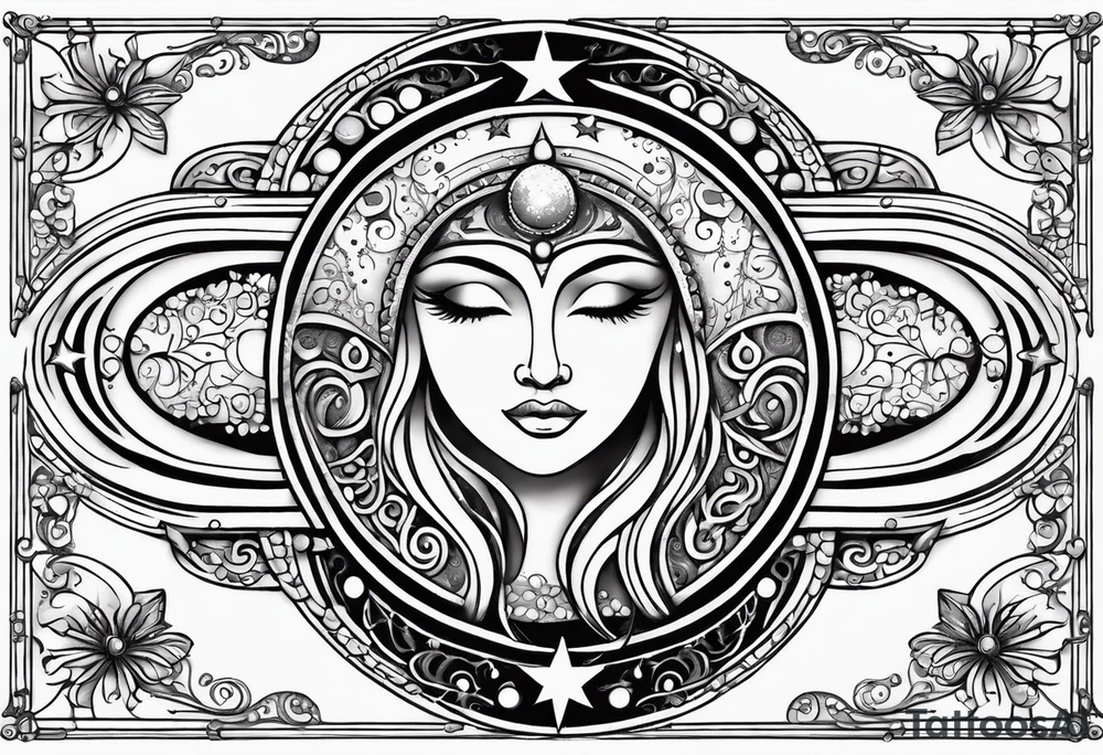 Feminine alien Sun and moon. Freeform rectangular sternum swirls with dots and stars tattoo idea