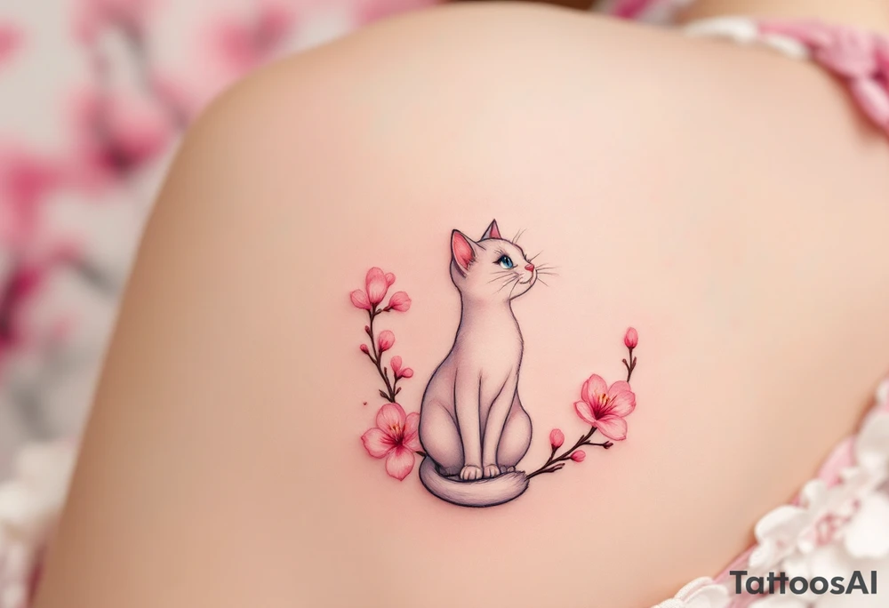 Marie the cat from The Aristocats in a delicate watercolor style, with soft pinks and whites, sitting gracefully among blooming cherry blossoms. tattoo idea