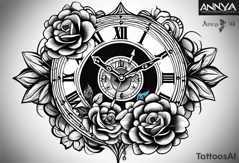 Aniya 6:51pm, Amari 4;57pm, Ameer 5:33am flower clocks teddybears half sleeve tattoo idea