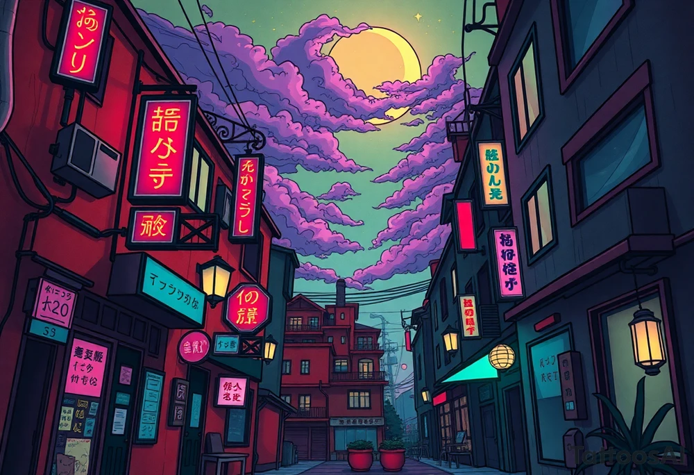 Tim Burton’s haunted pastel Tokyo apartment from the street view is littered in neon signs and dripping with muted reds, dusty pinks, and eerie green glow.purple and cyan smokey clouds swirl in the crescent moonlit sky thats sprinkled with stars tattoo idea tattoo idea