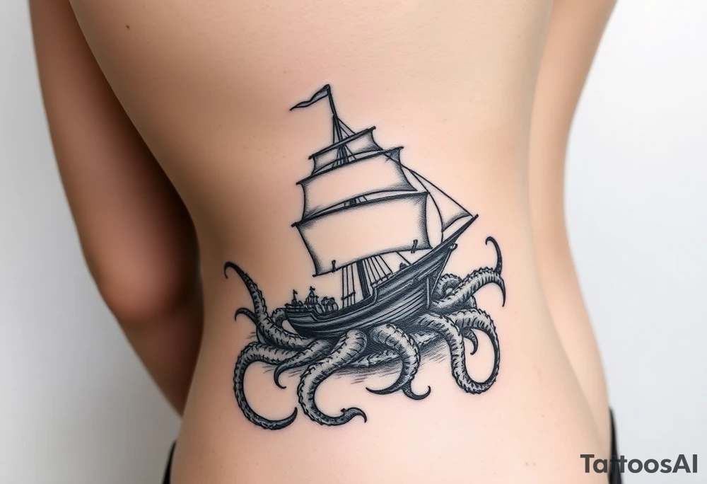 female side and hip tattoo pirate ship getting sunk by the kraken tattoo idea