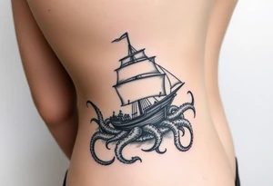 female side and hip tattoo pirate ship getting sunk by the kraken tattoo idea