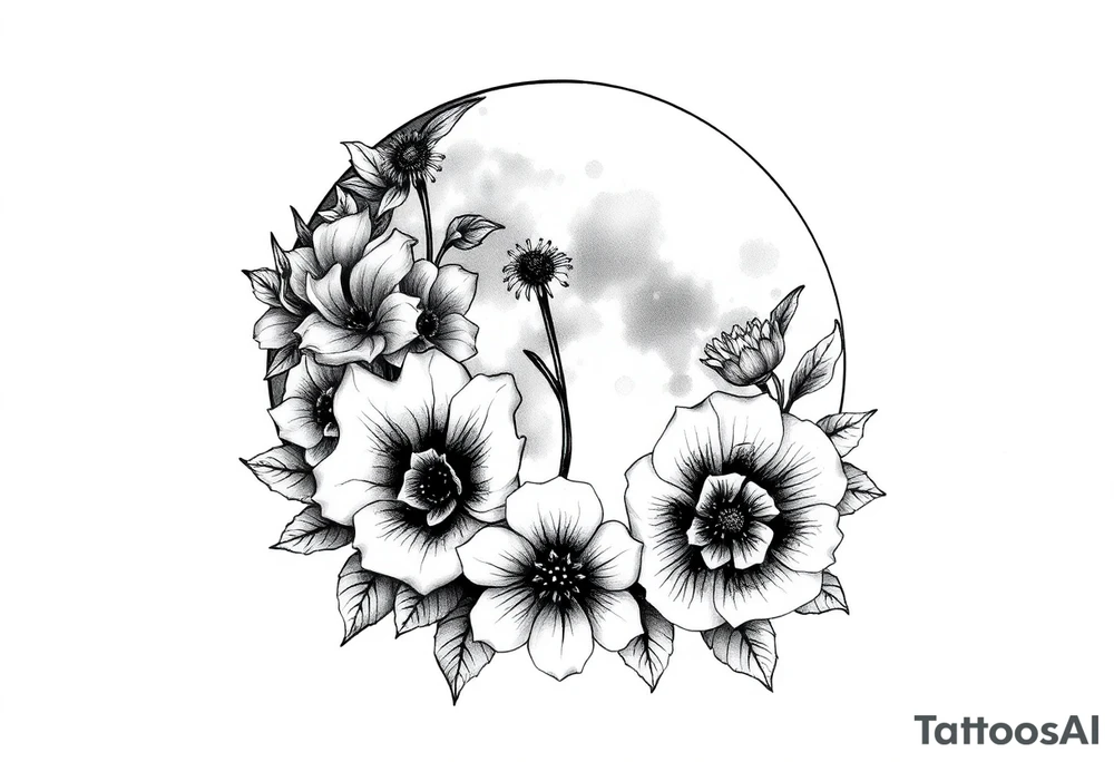moon-shaped diferent flowers tattoo idea