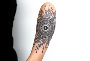 Bio-Mechanical internal computer, binary code, symbolism for 6 kids, 5 boys and youngest is a girl tattoo idea