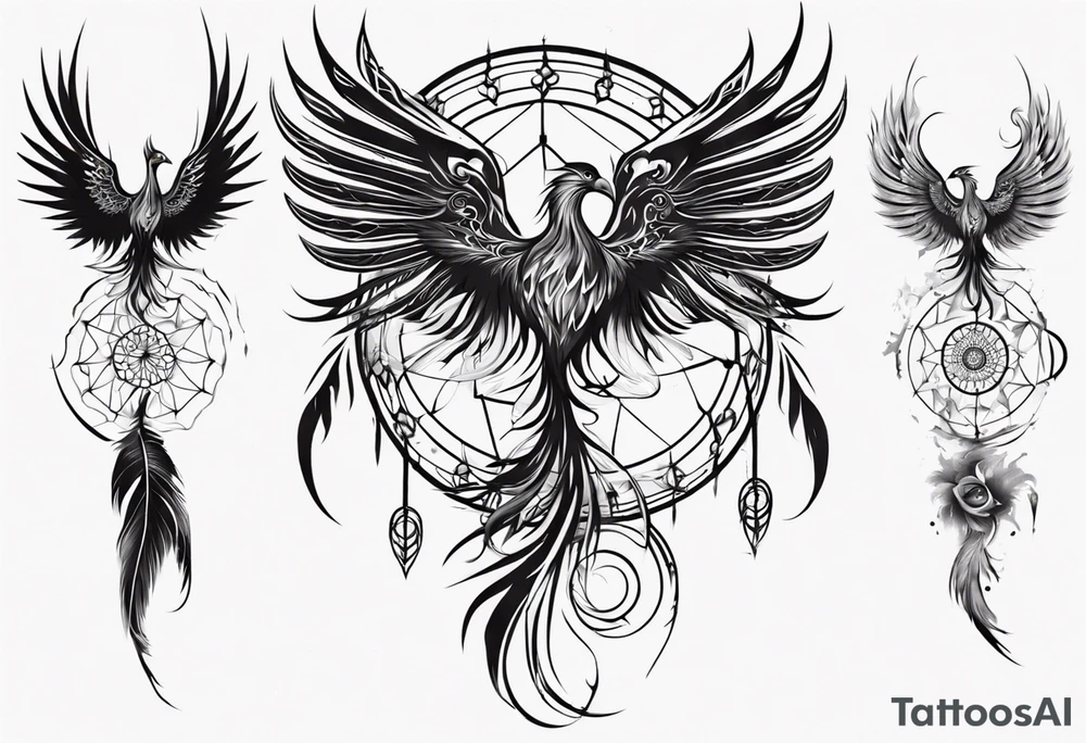 Vertical open mouthed flying Phoenix with wings blending into circles and a long abstract dream catcher feather tail tattoo idea