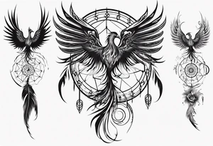 Vertical open mouthed flying Phoenix with wings blending into circles and a long abstract dream catcher feather tail tattoo idea