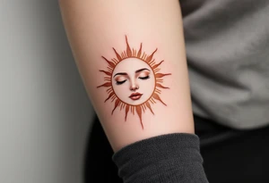 A stylized sun with the son’s face subtly etched in gold and burnt orange rays. tattoo idea