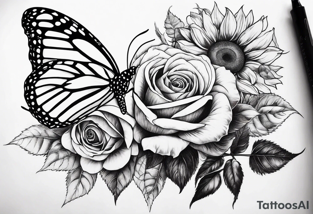 Flower : rose , sunflower, camera, small butterfly tattoo idea