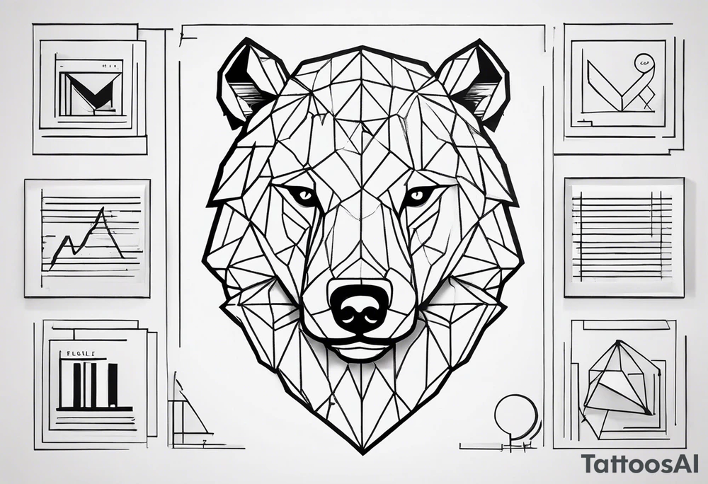 Words: Courage, determination, patience, focus, resilience. Image: Face of a geometric eagle, a bull and a bear faces divided by the financial market dump and pump graphics, symbols of intelligence interconnected with books and studies representing the search for knowledge as a person guided by humanity and human philosophy. tattoo idea