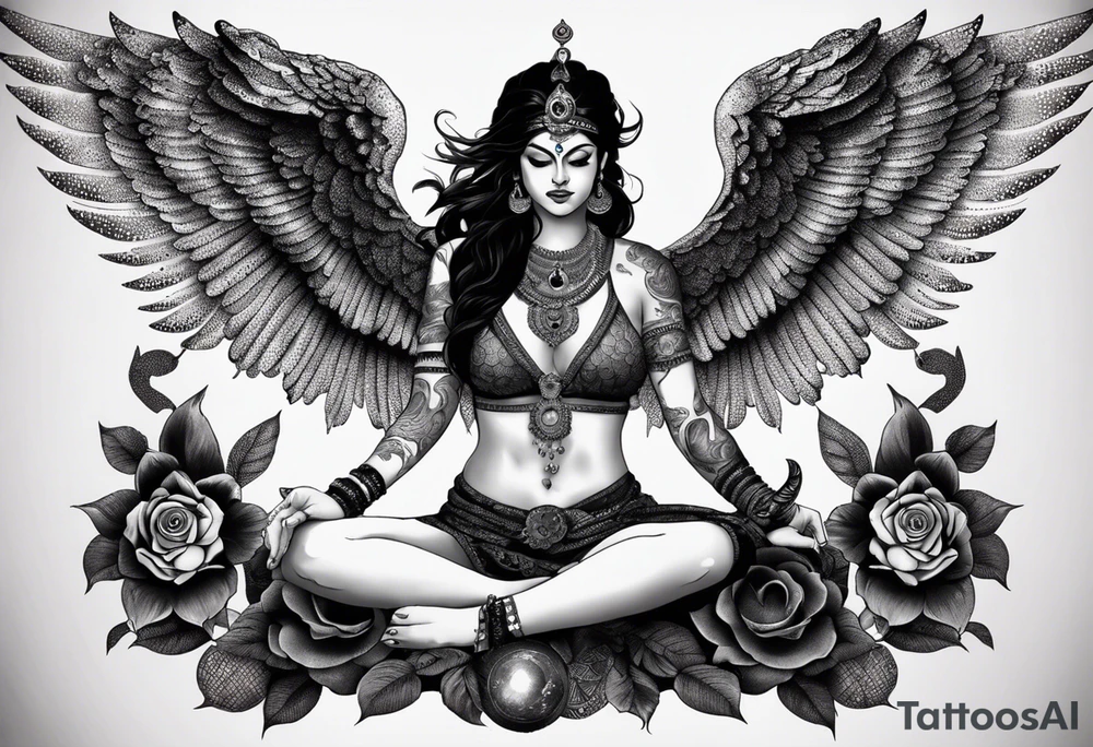 black kali, goddess pirate, alien, angel, pachamama, valkrye, warrior, flying, skull, lotus azul, wing, eagle, zenza resonance, stars, 5D, anahata chakra, death, durga, riding on a tiger, flying lady, kundalini, chest tatoo, samuri, rebel, serpent tattoo idea