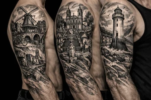 I wanted arm tattoo that reminds me of my three favourite places. I've lived the cities of Amsterdam and Braga and New Brighton in Wallasey tattoo idea