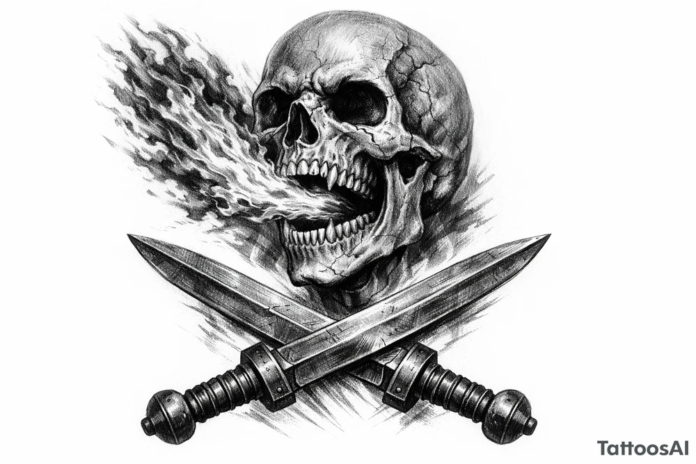 Skeletal skull breathing fire, crossed gladius swords below, dark realism. tattoo idea