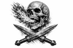Skeletal skull breathing fire, crossed gladius swords below, dark realism. tattoo idea
