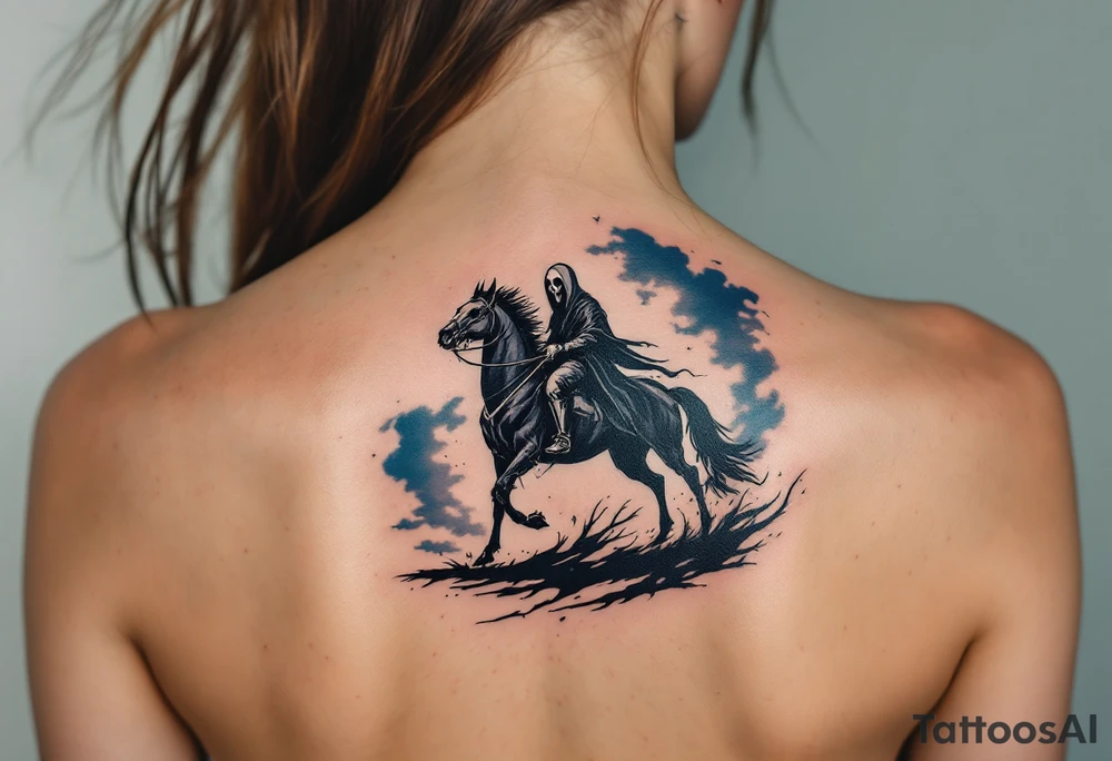 A full-back piece of a Grim Reaper riding a black horse under a stormy indigo sky. tattoo idea