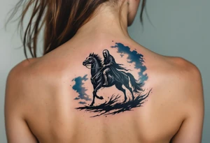A full-back piece of a Grim Reaper riding a black horse under a stormy indigo sky. tattoo idea